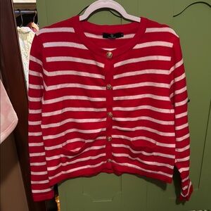 Vibrant Red and White Striped Cardigan Sweater